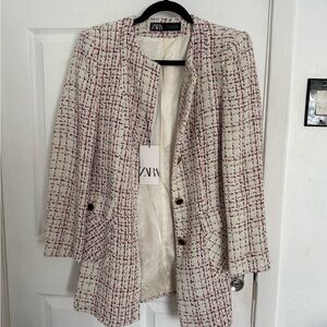 Zara Women's Tweed Jacket - Cream and Pink